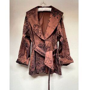 Mycra Pac Women Sz 0 Petite Belted Reversible Coat Robe Long Sleeve Floral Brown